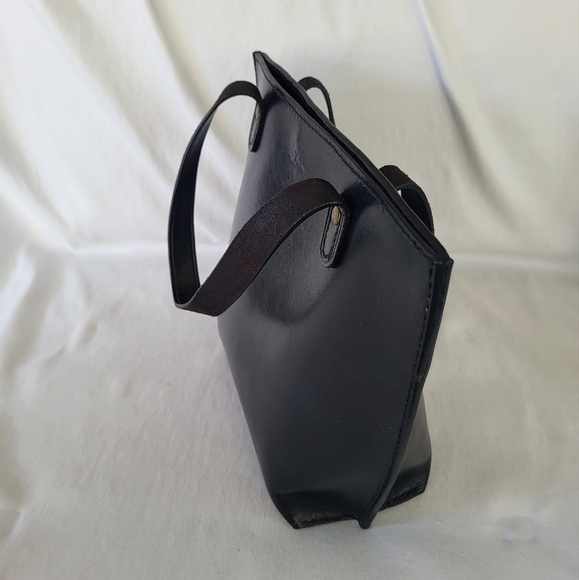 Vintage Black Leather Bucket Bag Mini Tote Dual Top Handles - Picture 2 of 8